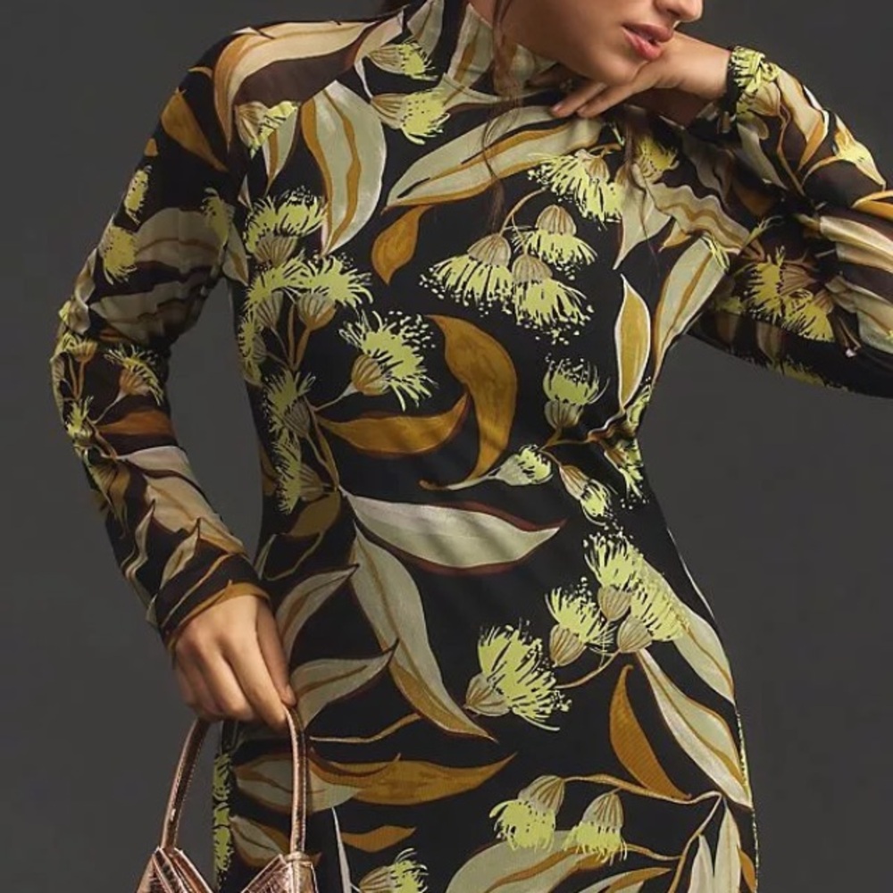 Anthropologie Leaf Print Mesh  Long Sleeve Dress XL - Picture 6 of 9